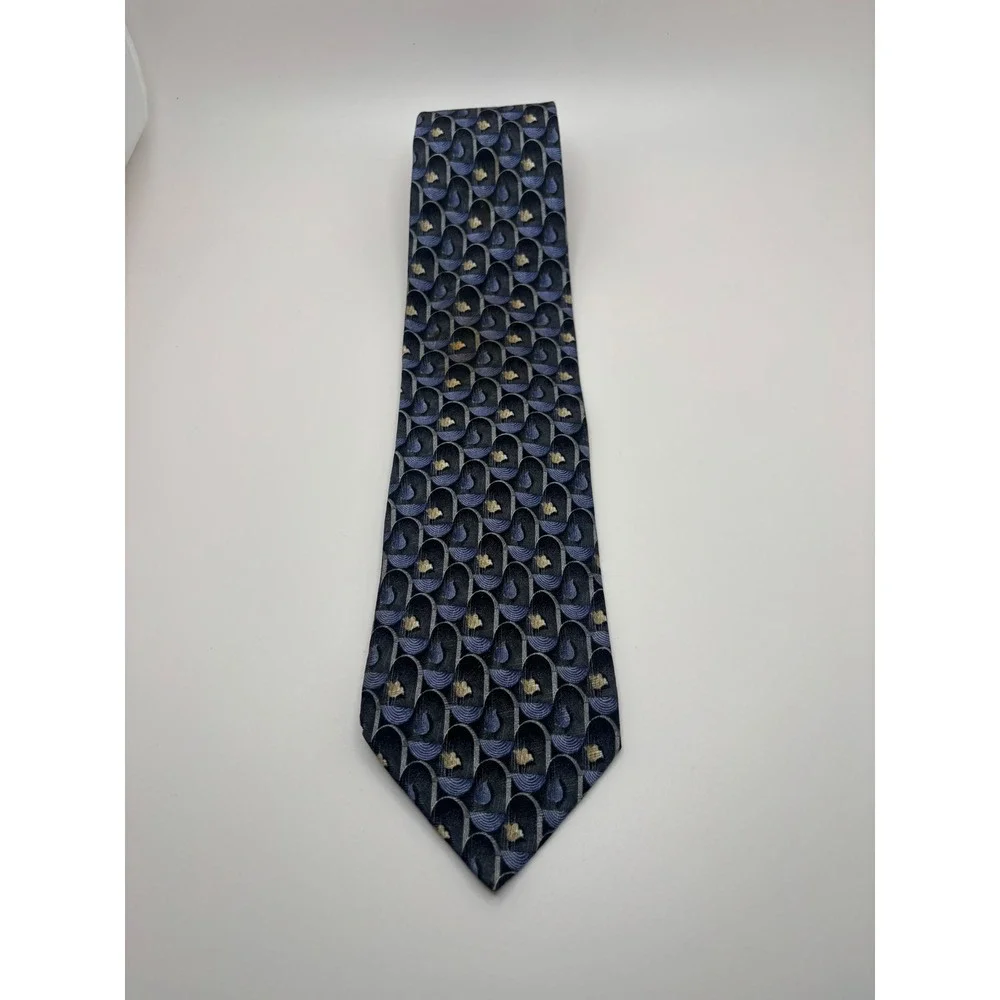 Ermenegildo Zegna Silk Tie Navy Blue Grey Gold Geometric Disegno Esclusivo Italy